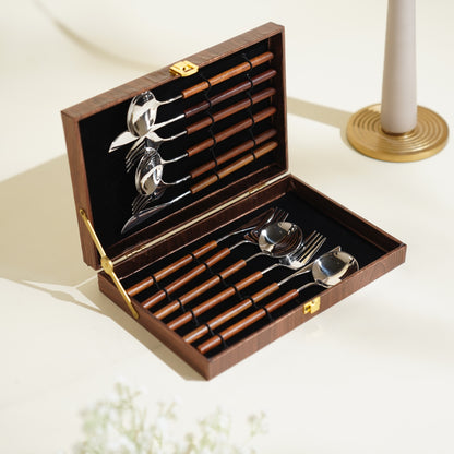 Natura Wooden Silver Cutlery Set (Set of 12)