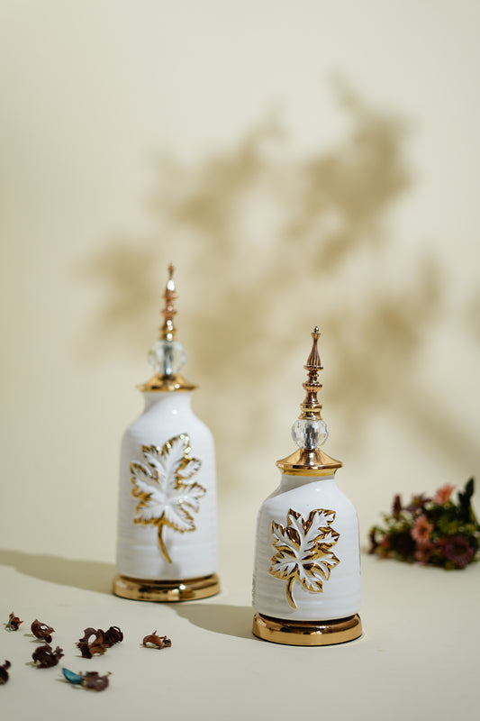 White Gold Leaf Antique Decor Showpiece (Set of 2)