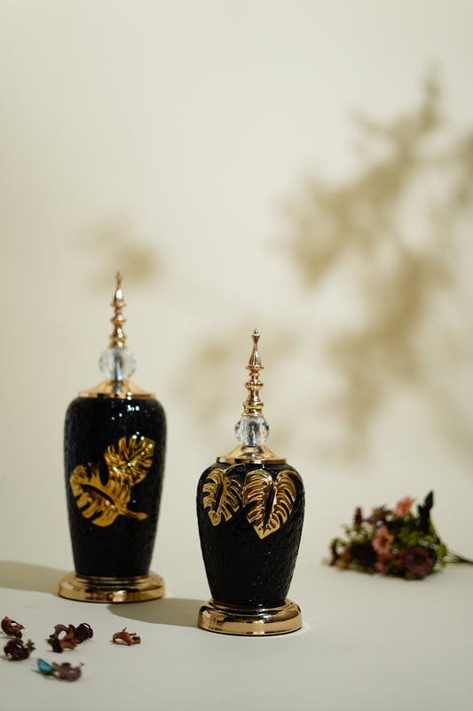 Black Gold Leaf Antique Decor Showpiece (Set of 2)