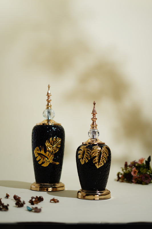 Black Gold Leaf Antique Decor Showpiece (Set of 2)