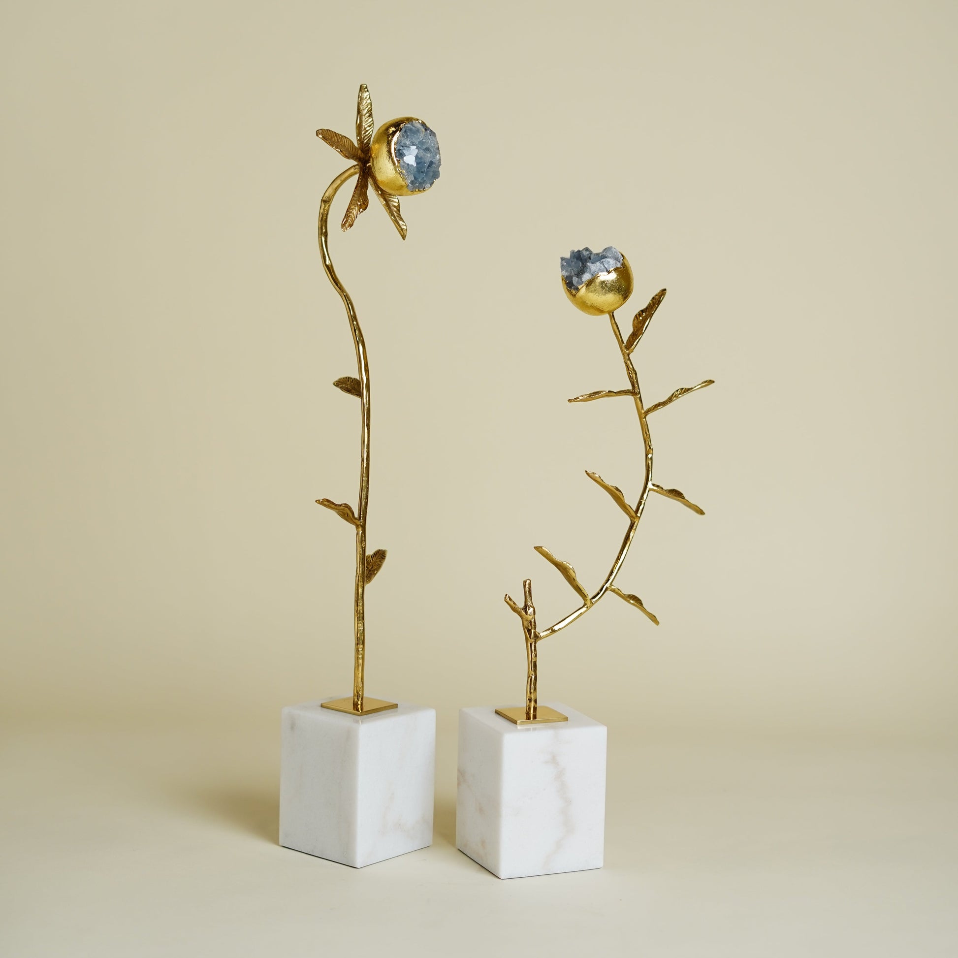 Virent Blue Crystal Brass Flower Sculptures (set of 2)